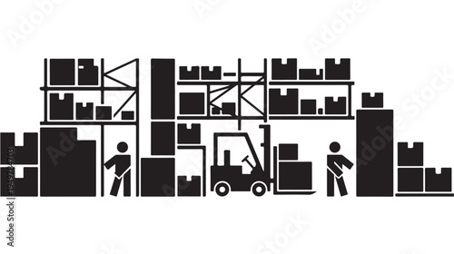 Workers operate forklift amidst stacked boxes in a warehouse loading area indoors.