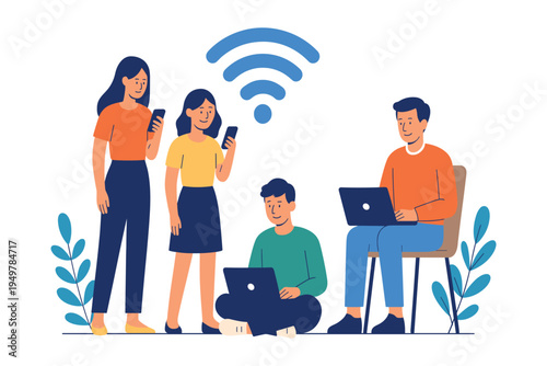 Group of people using mobile phones and laptops with wireless internet connection together, flat vector illustration