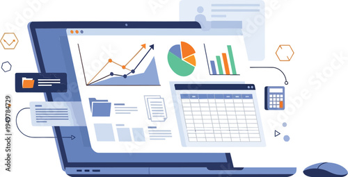 Vector illustration of business data analysis on laptop
