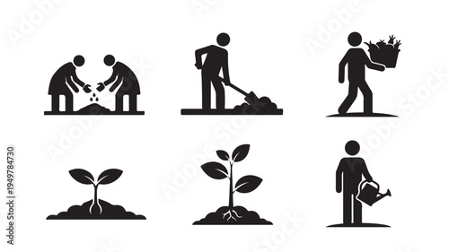 People are planting and caring for plants in the garden with various gardening tools.
