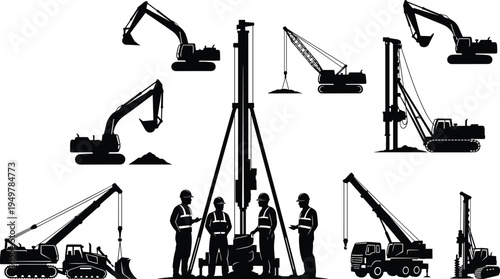 Silhouette set of heavy construction machinery including excavators, cranes, drilling rigs and engineers surveying foundation work on industrial building and infrastructure construction site