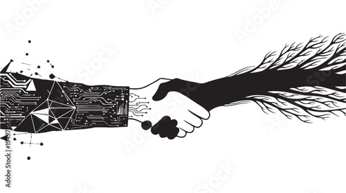 A handshake between two hands with one covered in geometric patterns and the other transforming into branches.