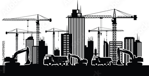 Urban construction skyline silhouette with cranes, excavators and dump trucks building modern skyscrapers, city infrastructure development, heavy machinery and engineering industry concept