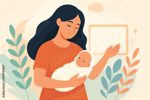 Mother Holding Sleeping Newborn Baby with Gentle Care Love and Parenting Moment at Home, Flat Vector Illustration