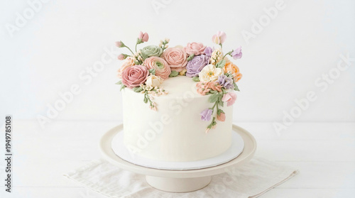 Wallpaper Mural Elegant White Cake Decorated with Pastel Buttercream Flowers Torontodigital.ca