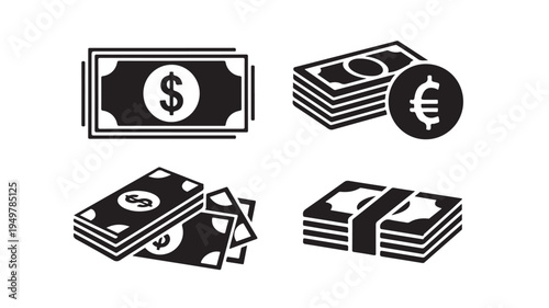 Stacks of dollar bills and euros are arranged in a financial illustration.