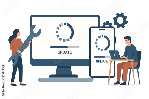 People updating computer and mobile system software with progress loading screen, flat vector illustration