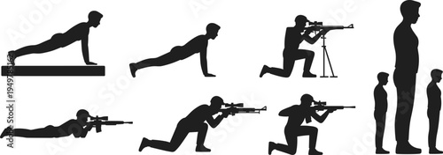 Military training silhouettes, tactical shooting stances, push‑up exercise icons, combat preparation design, defense illustration set, cad drawing flat vector
