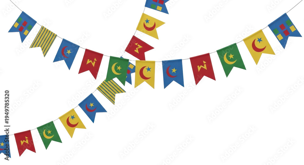 Obraz premium Colorful Ramadan Kareem bunting flags with crescent moon and star symbols, festive Islamic celebration decoration for Eid al-Fitr and Eid al-Adha isolated PNG with Transparent Background