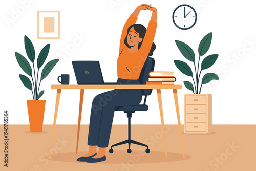 Relaxed Business Woman Sitting at Office Desk and Stretching Arms During Work Break, Flat Vector Illustration