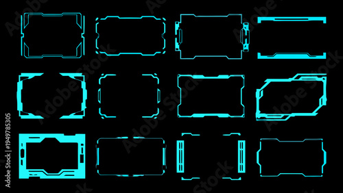 Collection of glowing cyan futuristic frames and interface elements