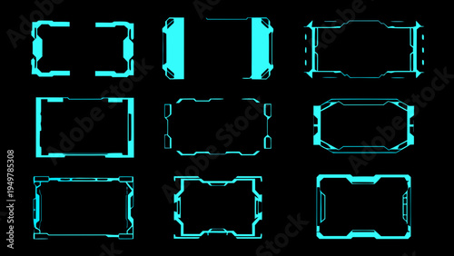 Futuristic cyan frames and borders collection on a black background
