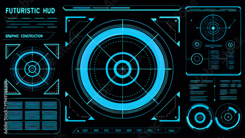 Futuristic heads up display with concentric circles and graphic elements