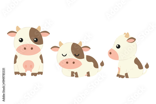 Cute Baby Cow Character Illustration, Spotted Dairy Cow in Sitting and Sleeping Poses for Farm Animal Education and Stickers
