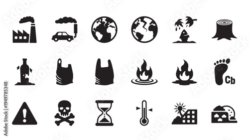 Various pollution icons depict environmental damage and hazards globally.