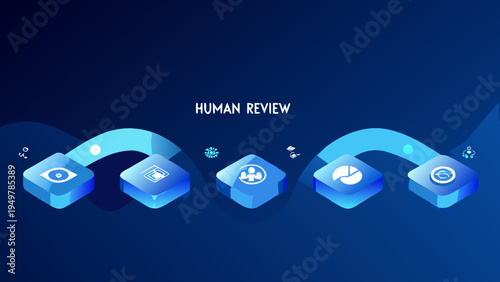 Isometric illustration showcasing human review process with iconographic elements