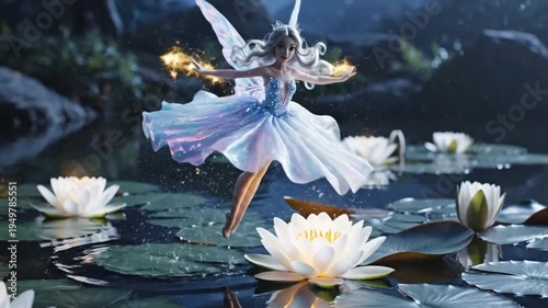 Angel flying on water lily flowers 