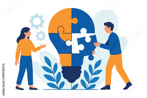 Two People Solving Problem Together by Completing Puzzle Light Bulb Idea, Flat Vector Illustration