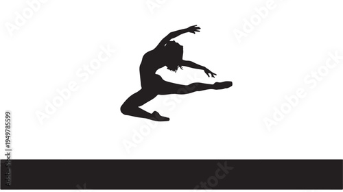 A dancer performs a dynamic leap across a black bar on a white background.