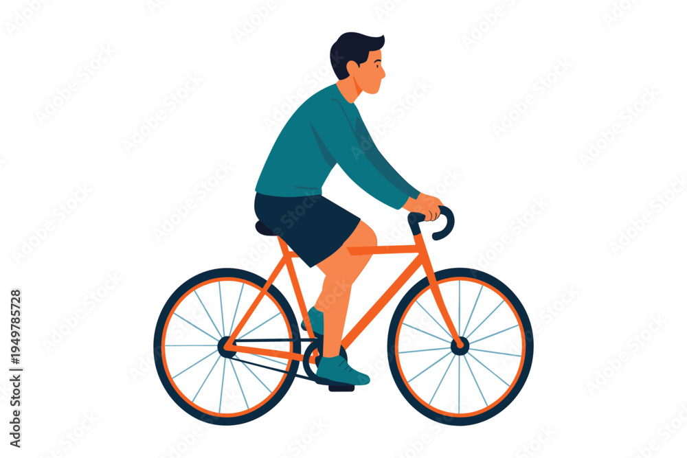 Fototapeta premium Young Man Riding Bicycle for Outdoor Exercise Fitness and Healthy Lifestyle Activity, Flat Vector Illustration