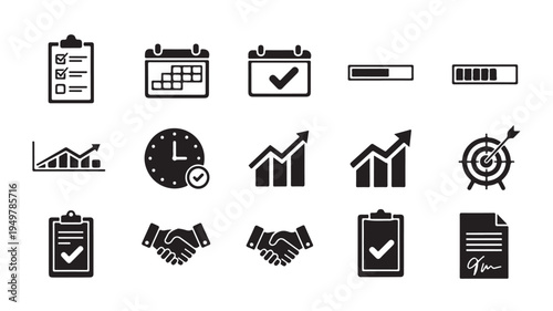Business icons display various office and management tools on a clean background