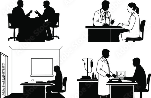 Doctor and patient consultation silhouette set with medical office desk health care practitioner hospital appointment professional business meeting vector illustration