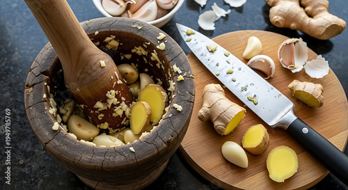Ginger root and garlic cloves are being freshly prepared using a rustic wooden mortar and pestle next to a sharp.