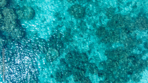 Obraz na płótnie Top view of natural coral formations in shallow sea water with rippling sun reflections, perfect for summer vacation, snorkeling, and environmental conservation themes