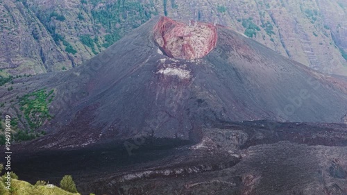 Aerial drone footage of Barujari active volcanic cone within Mount Rinjani caldera