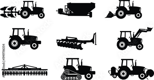 Agricultural Machinery Icon Set Featuring Farm Tractors Plows Harvesters and Heavy Farming Equipment Silhouettes for Agribusiness Rural Industry and Food Production Design Projects