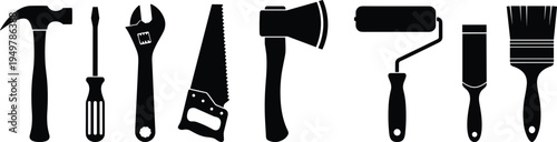 Black Silhouette Vector Set of Construction and Renovation Tools Including Hammer Screwdriver Wrench Saw Axe Paint Roller and Brush for Home Improvement Maintenance DIY Projects