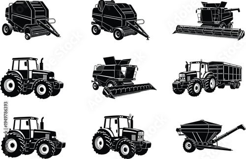 Agricultural Harvesting Machinery Icon Set Featuring Combine Harvesters Hay Balers Grain Carts and Farm Tractors in Detailed Black Silhouette Vector Style for Agribusiness Industry