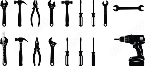 Black Silhouette Vector Set of Construction Hand Tools and Power Drill Including Hammers Wrenches Screwdrivers and Pliers for Home Improvement Maintenance Repair and DIY Projects