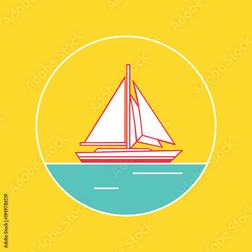 Vibrant illustration of a sailboat on calm waters within a circle