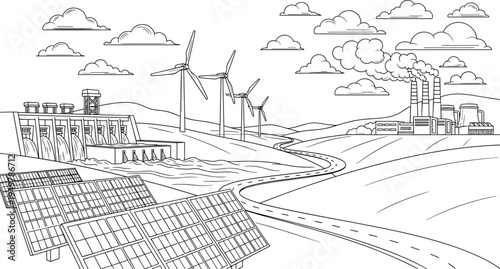 Renewable energy landscape vector illustration, black and white line art of solar panels, wind turbines, dam and polluting factory concept
