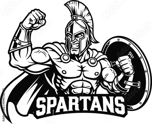 Spartan warrior mascot vector illustration, black white muscular gladiator with helmet shield, aggressive sports team logo graphic design isolated element