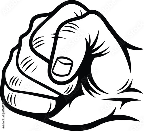 Black and white clenched fist vector illustration, strong hand gesture line art drawing, power symbol isolated graphic design element concept