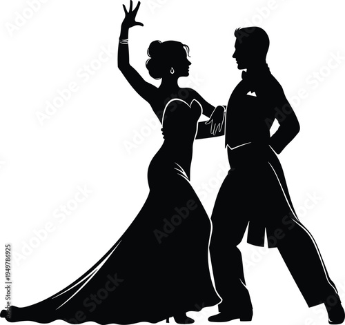 Black silhouette of elegant couple dancing tango, romantic man and woman ballroom dancers vector illustration, isolated graphic design element concept
