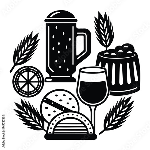 Black and white of beer and brewing with pretzel and wheat monochrome