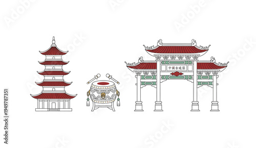 A Safety Officer Blocking Entry with a Sign at a Traditional Chinese Pagoda Gate