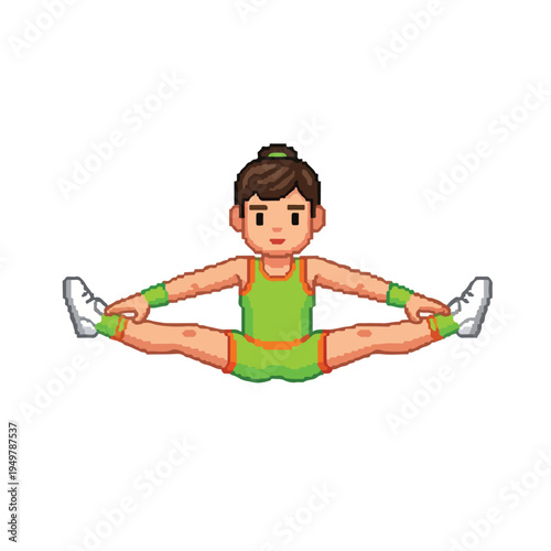 Cartoon girl in green leotard doing splits on floor