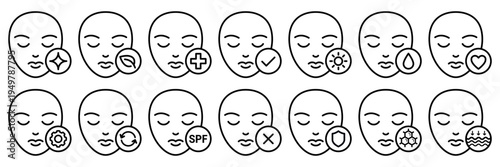 Skin care face line icon set. Beauty woman girl face facial clean, wash, medical, anti aging, wrinkle, moisturizer, spf, cream, repair, restore, collagen, protection, eco friendly icons vector.