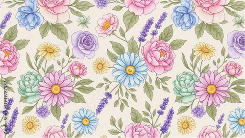 A vibrant floral pattern featuring a colorful arrangement of flowers and leaves on a plain background