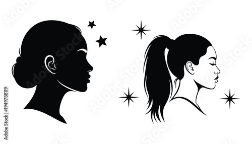 Elegant black and white profile portraits of a woman with stars
