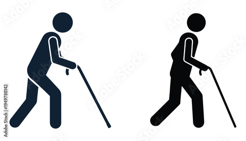 Two stick figure illustrations depicting people walking with canes one dark and one light