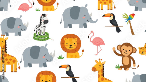 Colorful jungle animals gather in a vibrant natural habitat scene outdoors.