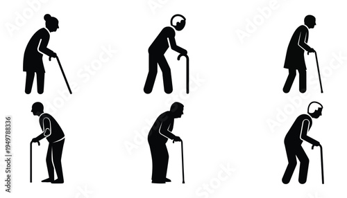 Silhouettes of elderly people walking with canes depicting aging and mobility