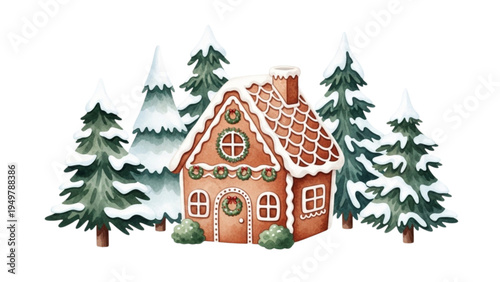 A snowy house with pine trees decorated for Christmas in the winter landscape