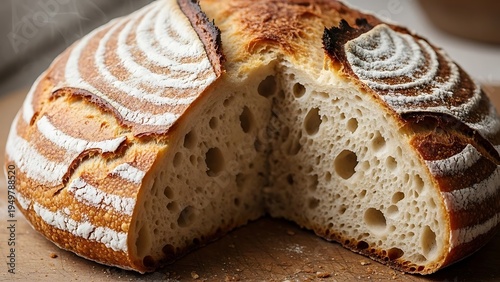 Artisan sourdough bread displays a beautiful open crumb structure.