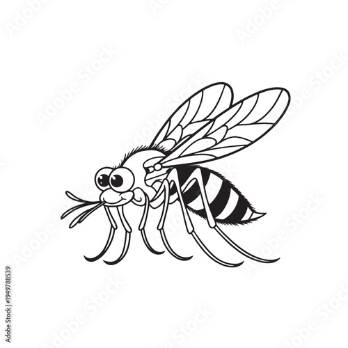 Mosquito Illustration: A detailed black and white illustration of a mosquito with prominent features, capturing its distinct characteristics in a clean, minimalist style.